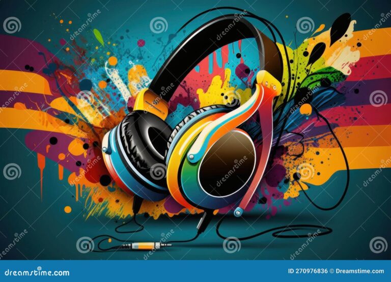 auriculares sobre un fondo musical colorido