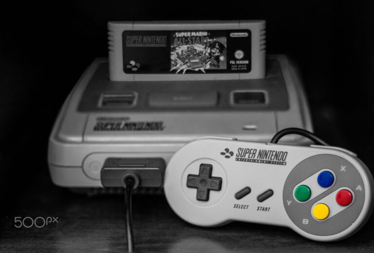consola super nintendo sobre fondo retro