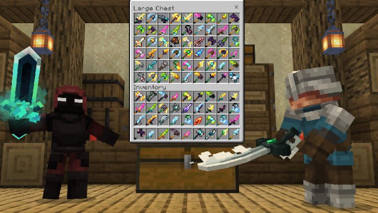 diversas armas en un entorno de minecraft