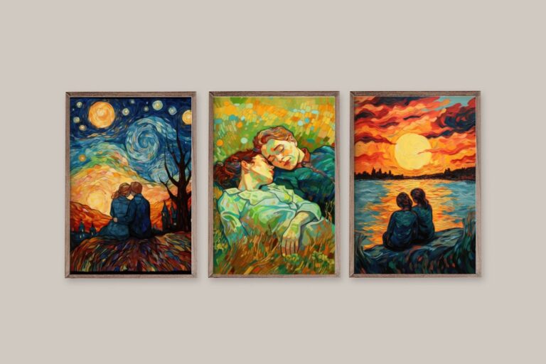 dos mujeres abrazadas en un paisaje futurista