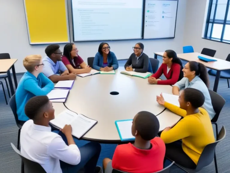 estudiantes en aula moderna colaborando juntos