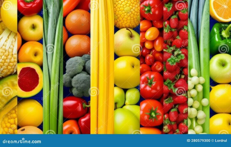 frutas y vegetales en un fondo colorido