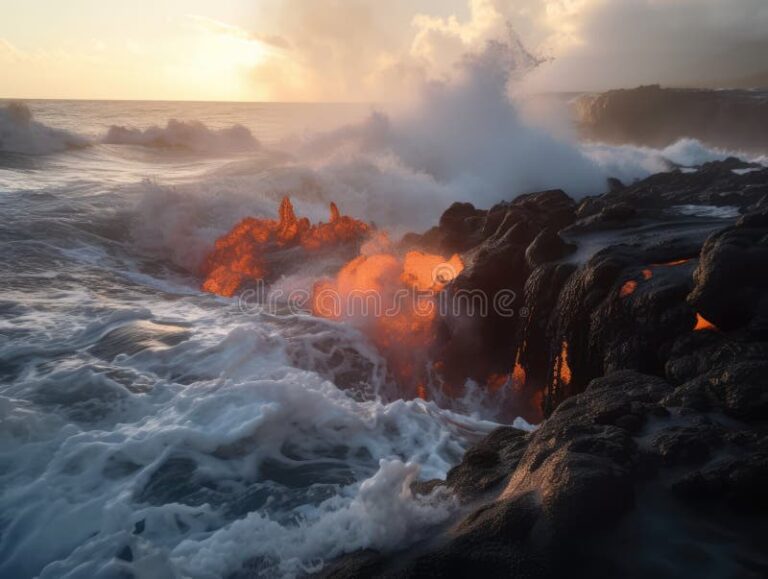 lava fluyendo hacia el oceano