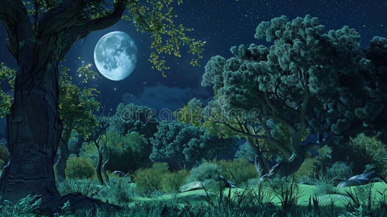 luna llena iluminando un bosque encantado