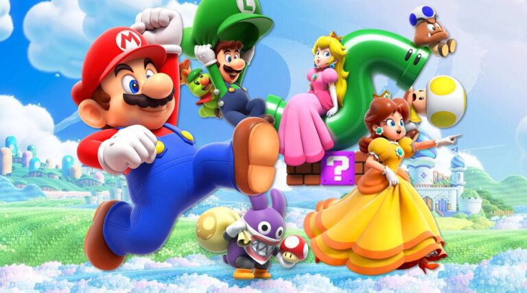 mario y amigos en un mundo colorido