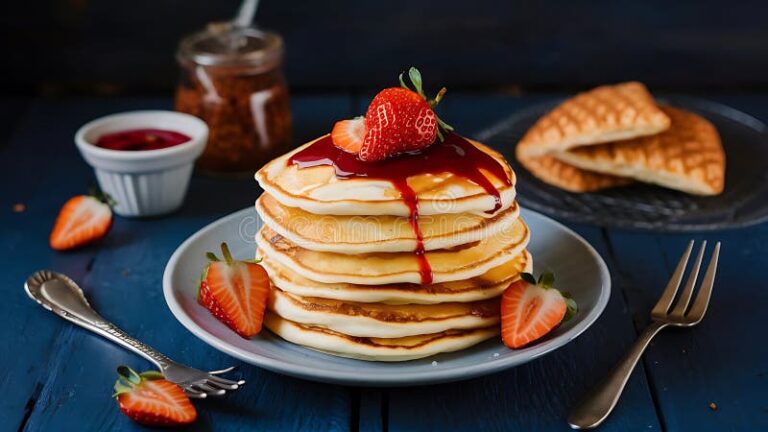 panqueques apilados con jarabe de arce