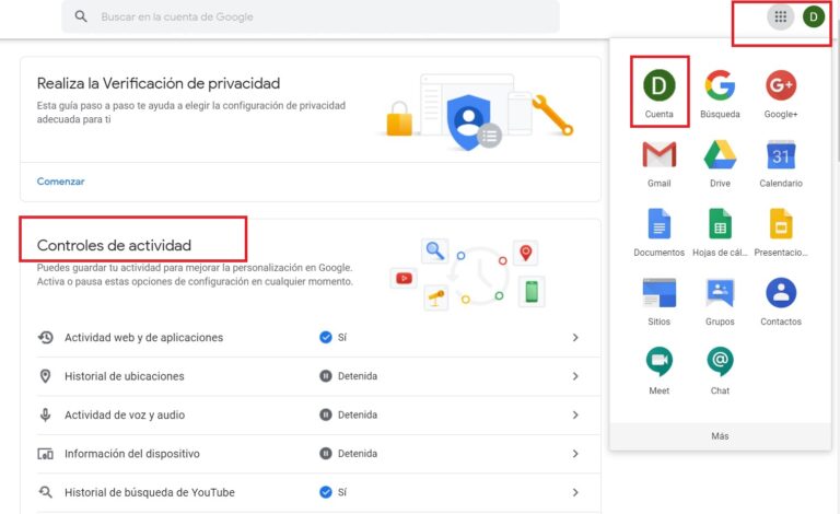 Cómo puedo borrar el historial de actividad de Google en mi cuenta 5 pantalla de configuracion de privacidad de google