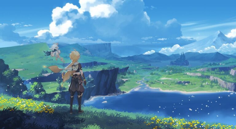 personaje de genshin impact en paisaje virtual