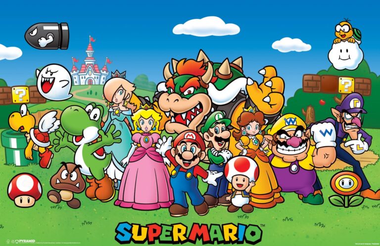 personaje de super mario en un paisaje colorido