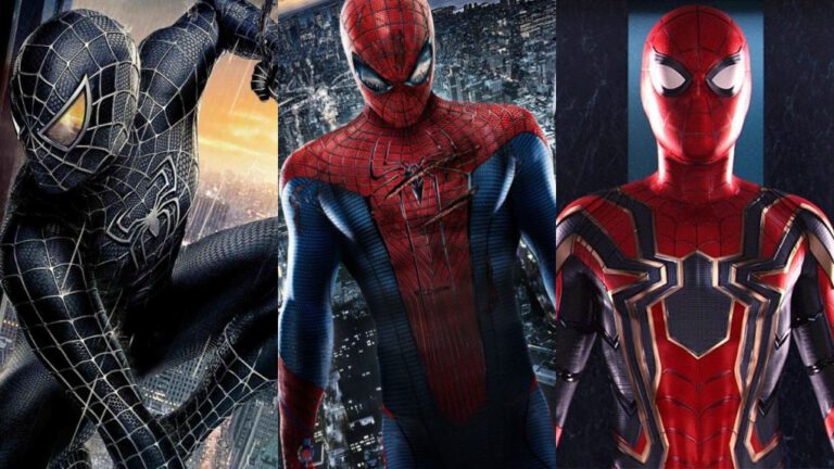 spider man en accion con diferentes trajes