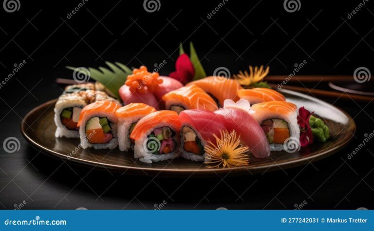 sushi con presentacion artistica en un plato